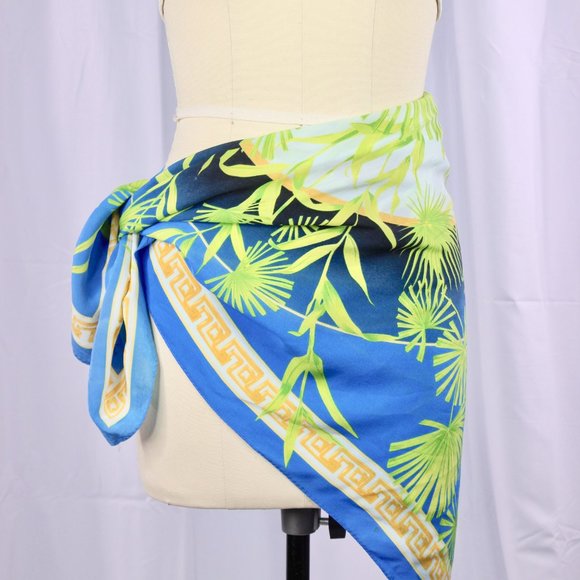 BETTY BARCLAY Blue Green Greek Key 100% Silk Tropical Square Scarf Sarong - Picture 3 of 12